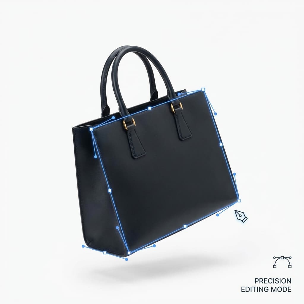 Precision hand-drawn clipping path for leather bag cutout